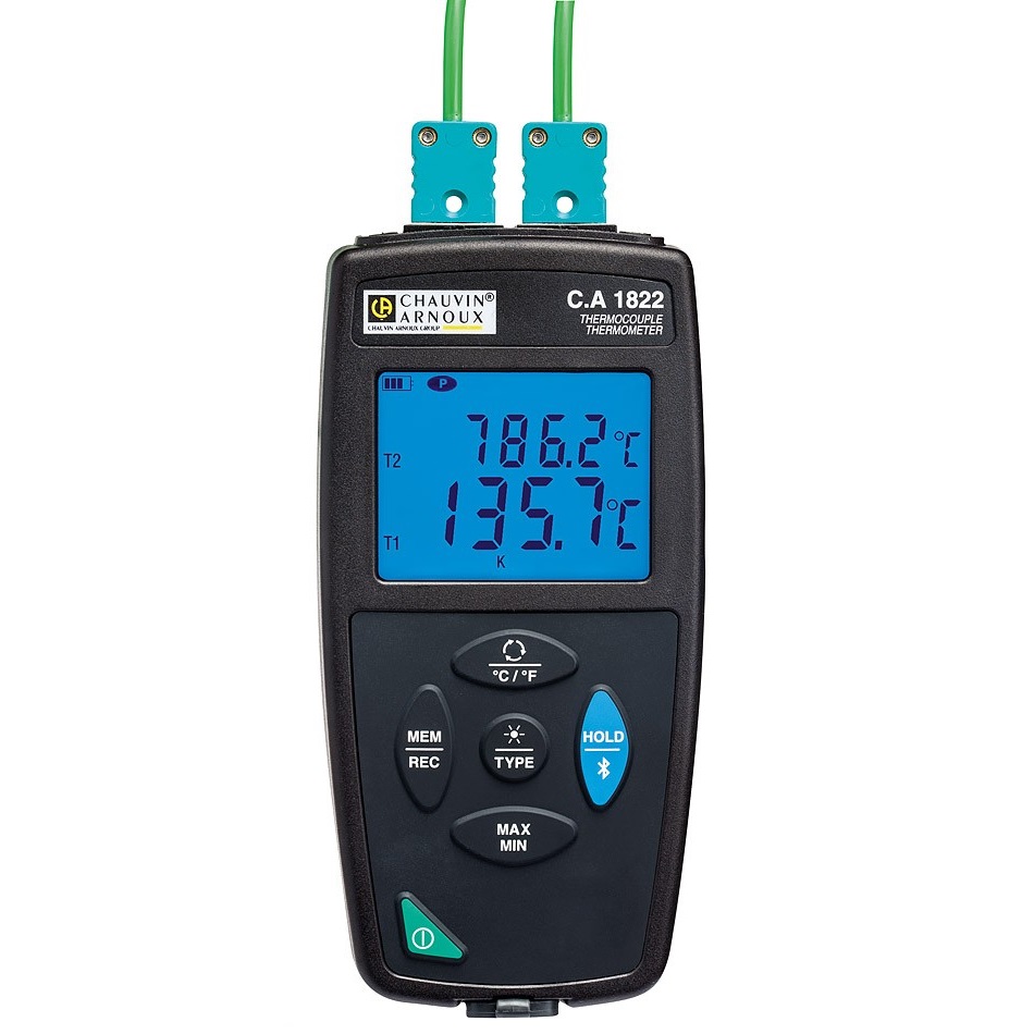 CA1822, регистратор температуры, подсветка; диапазон -250÷1767°C, 2 входа, USB, BlueTooth, IP54